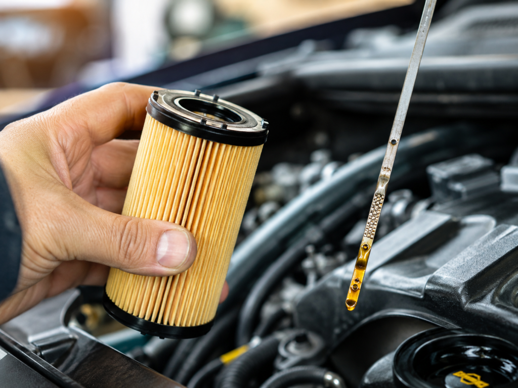 New oil filter and engine oil dipstick check during a Dubai oil change service