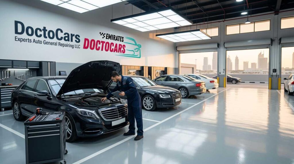Professional mechanic inspecting a car at the best car garage in Dubai