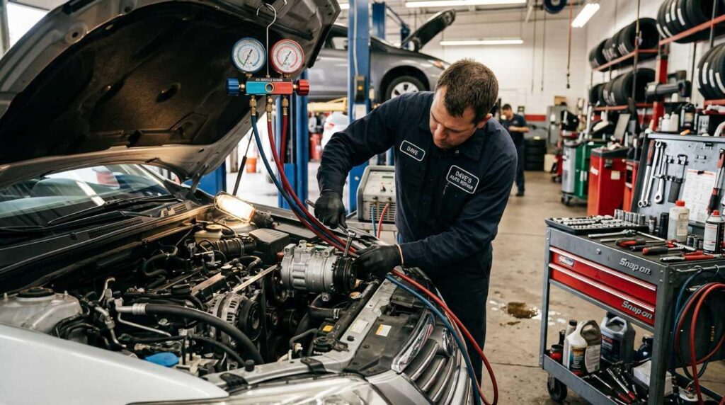 Technician servicing car AC system before Dubai summer