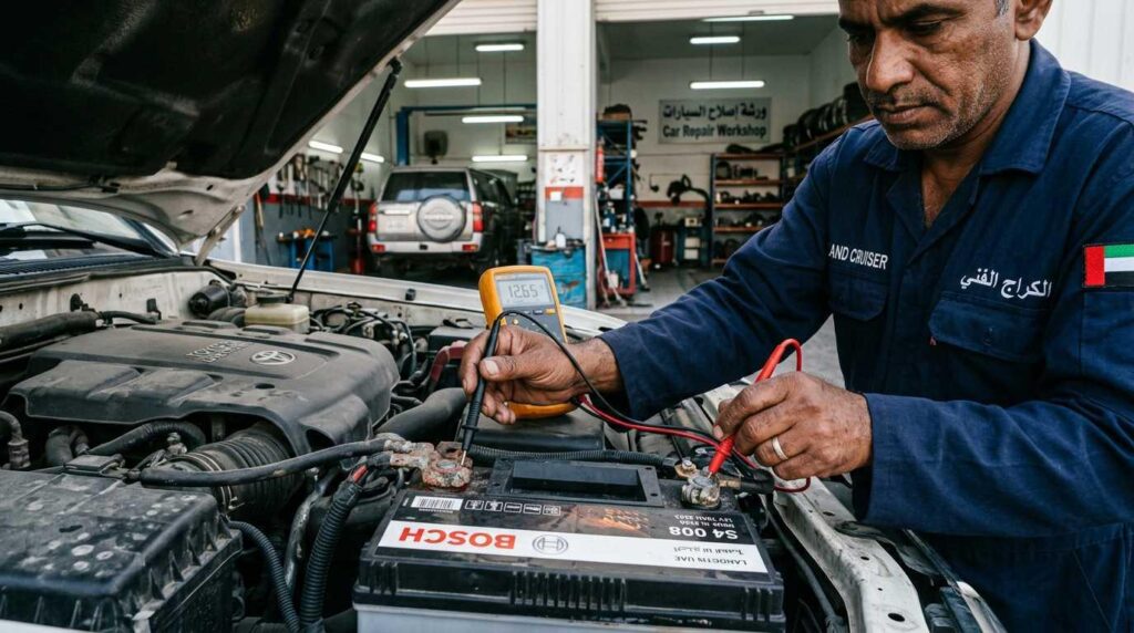 Mechanic testing car battery health in car maintenance dubai summer