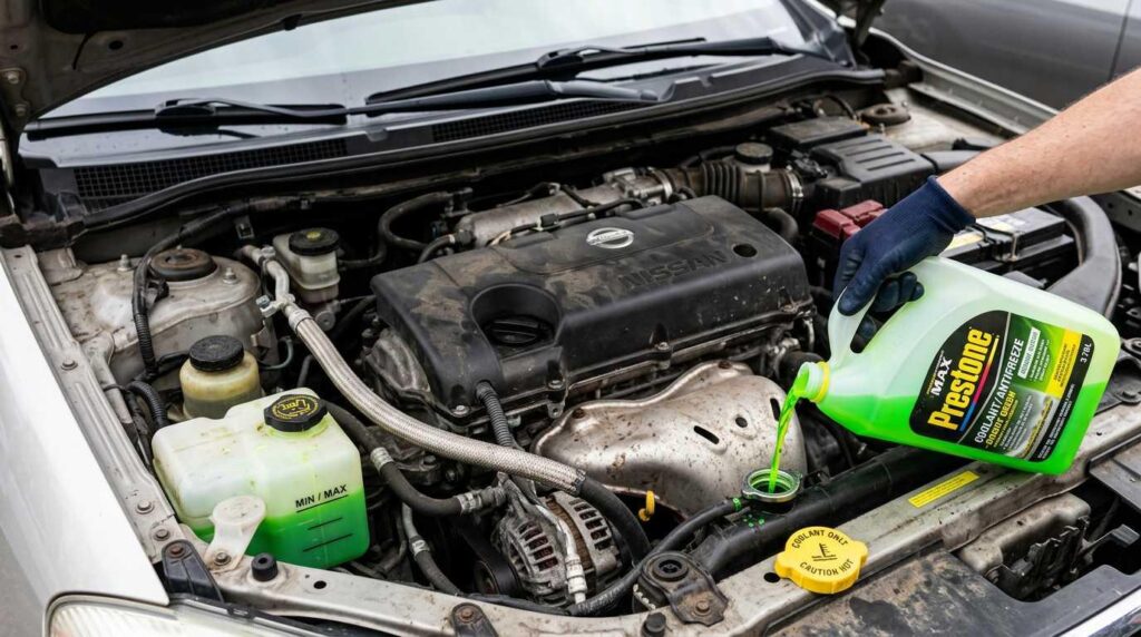 Checking and topping up car coolant before Dubai summer heat