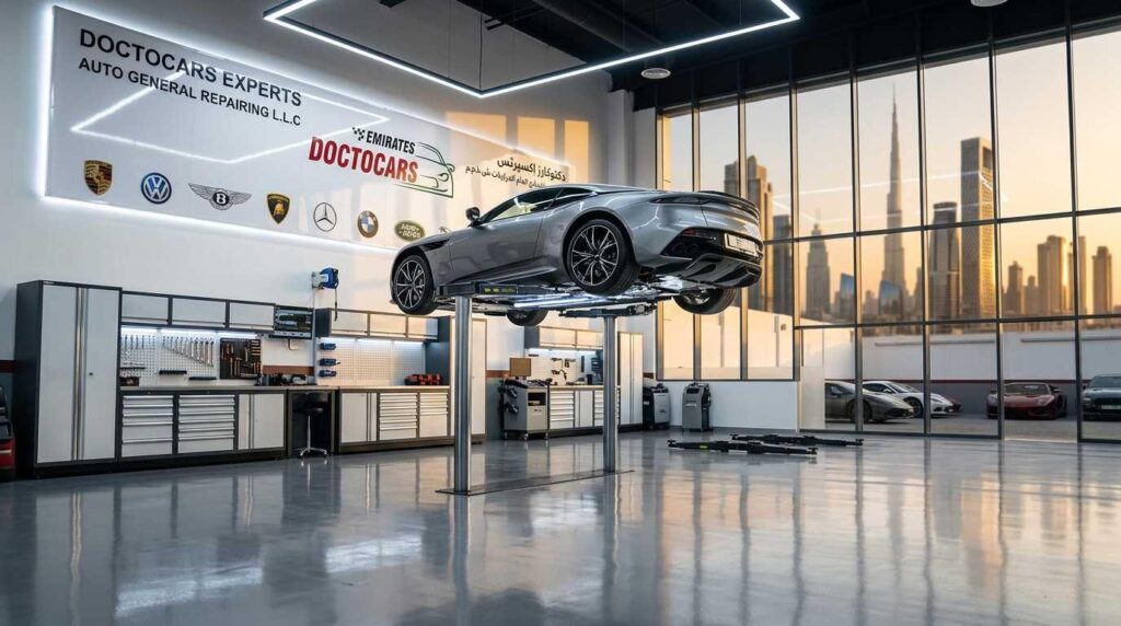 Car on lift inside trusted best car garage dubai