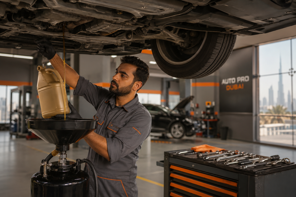 Clean modern car service workshop in Al Quoz Industrial Dubai for oil changes