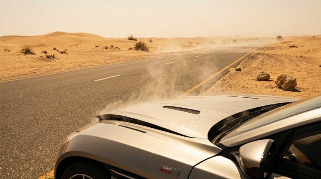 Car overheating in Dubai summer heat highlighting the need for trusted garage service