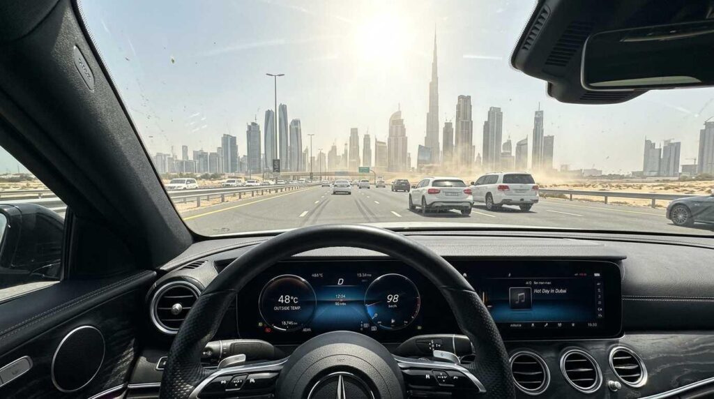 Car dashboard showing extreme heat warning during Dubai summer drive