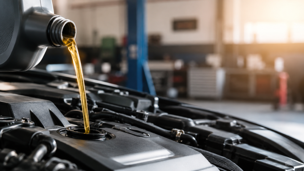 Fresh engine oil being poured into a car engine at a Dubai garage