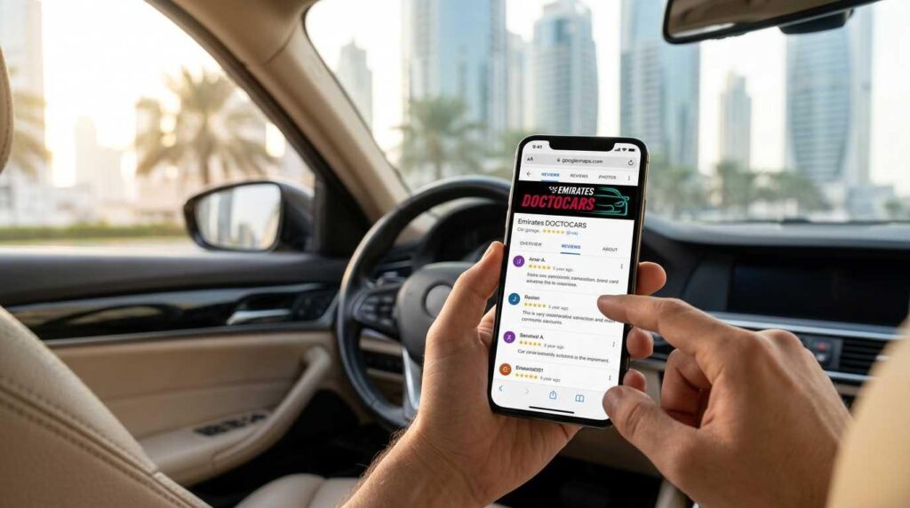 Car owner reading real Google reviews to find the best car garage in Dubai