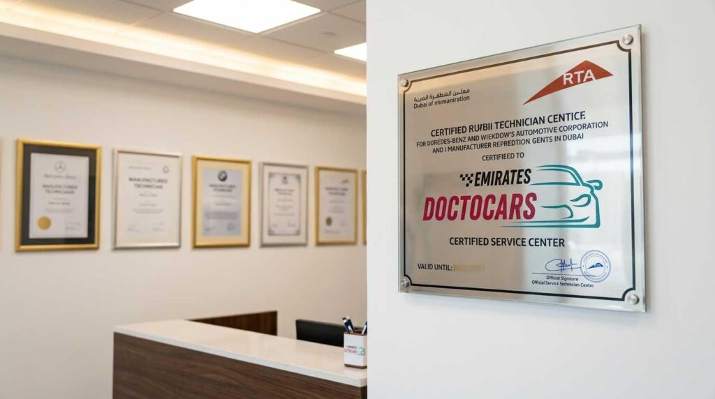 RTA approved car garage in Dubai displaying official certifications and trade licences