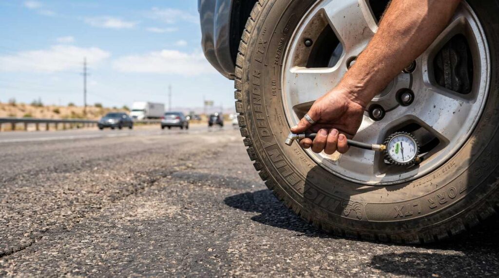 Checking tyre pressure on hot Dubai asphalt in summer
