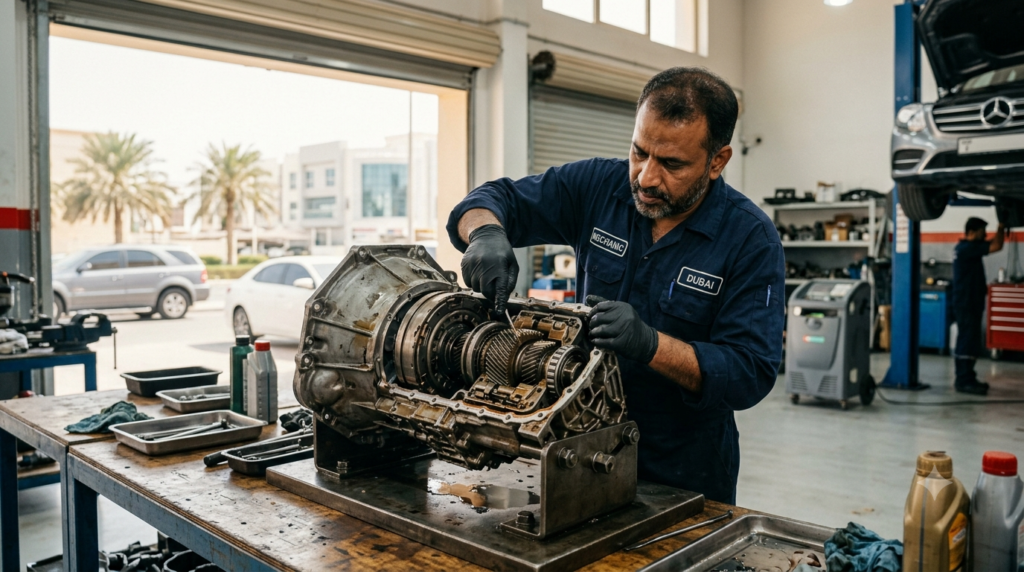 Mechanic inspecting a car gearbox for problem signs at a Dubai workshop