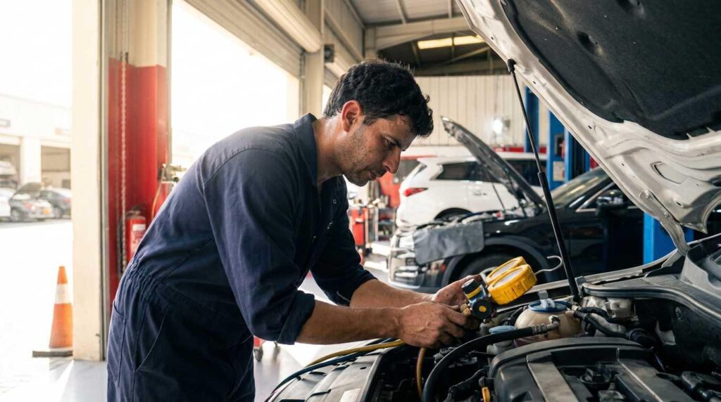 Mechanic checking car AC gas refrigerant pressure at a Dubai auto workshop