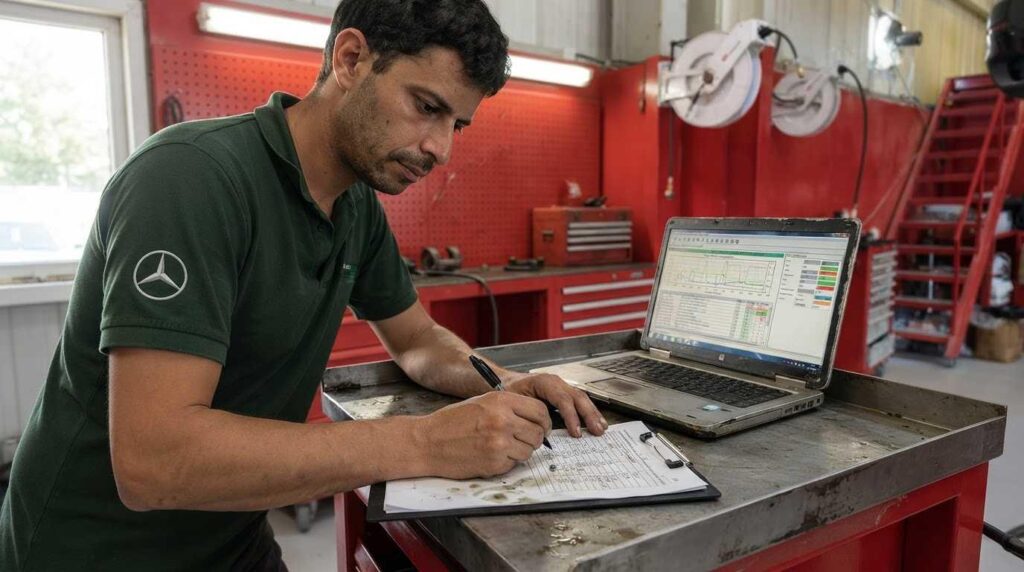Technician logging real AC regas intervals from workshop service data