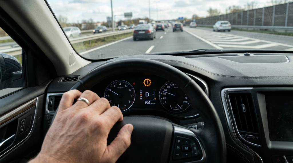 Transmission warning light on a car dashboard, a common gearbox problem sign