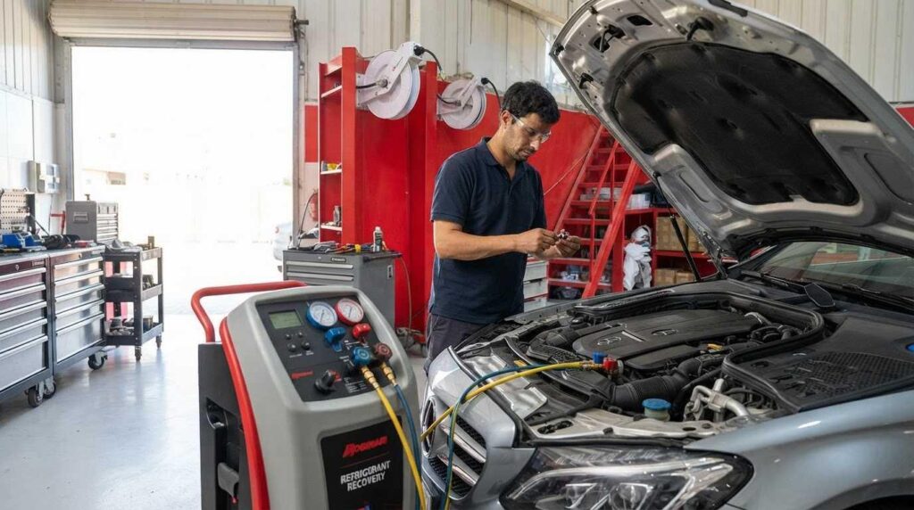 DoctoCars Experts technician performing a full car AC gas refill in Al Quoz, Dubai