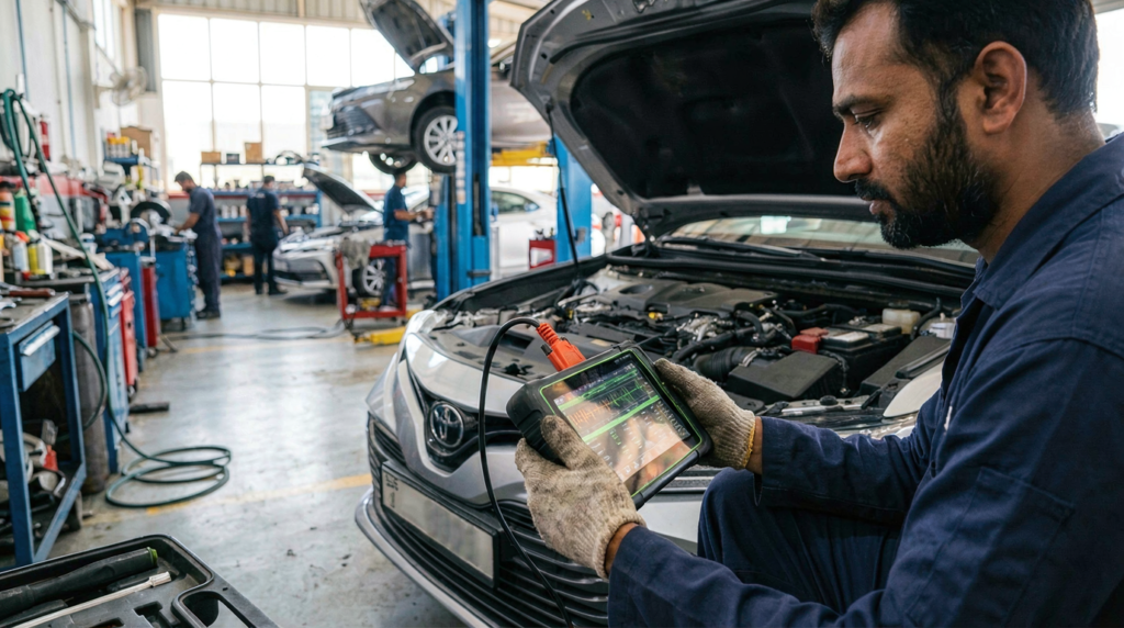 Technician running a diagnostic scan to find gearbox problems in Al Quoz
