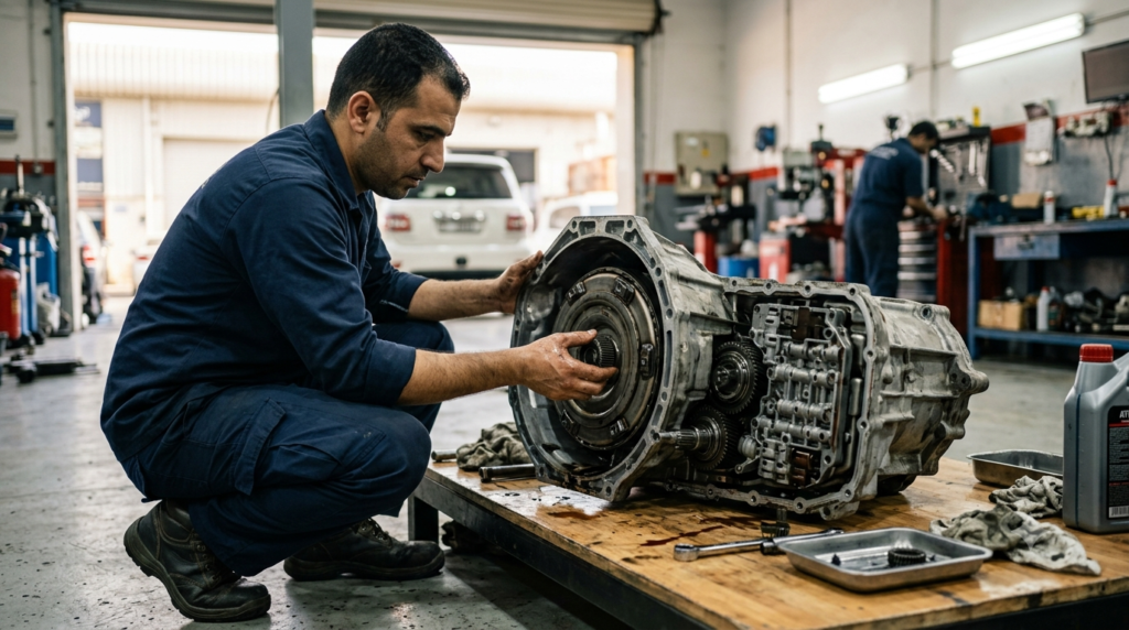 Mechanic examining a disassembled gearbox to assess overhaul cost in Dubai