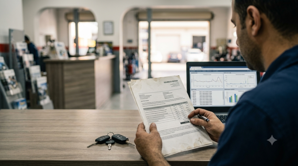 Service advisor reviewing a gearbox overhaul cost quote at a Dubai workshop