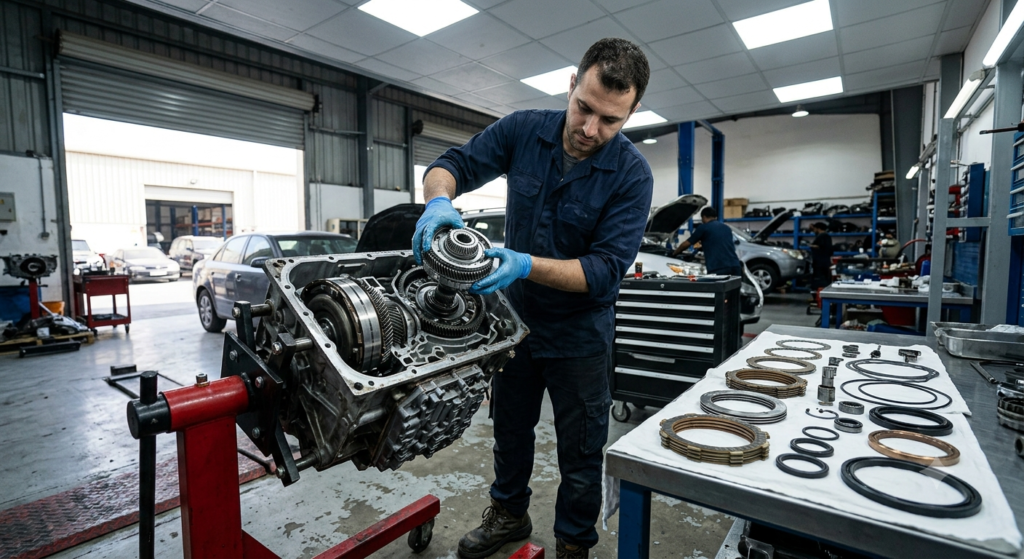 Mechanic performing a full gearbox overhaul rebuild at DoctoCars Experts in Al Quoz