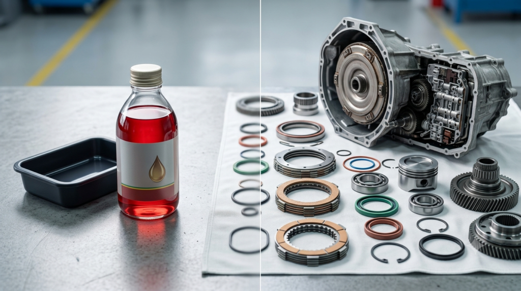 Transmission fluid change versus full gearbox overhaul components on a workshop bench