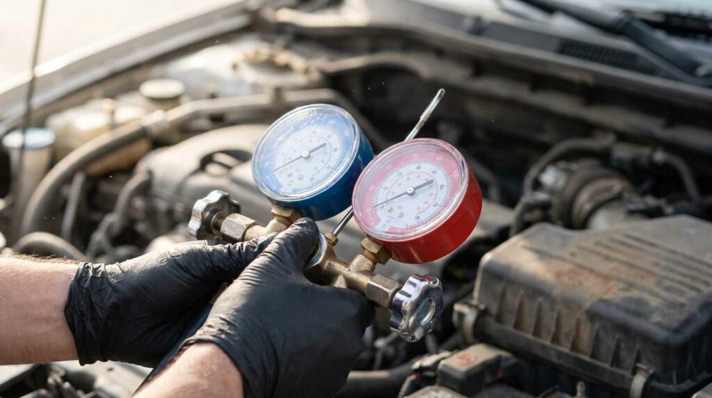 Refrigerant pressure gauge showing car AC gas level during inspection