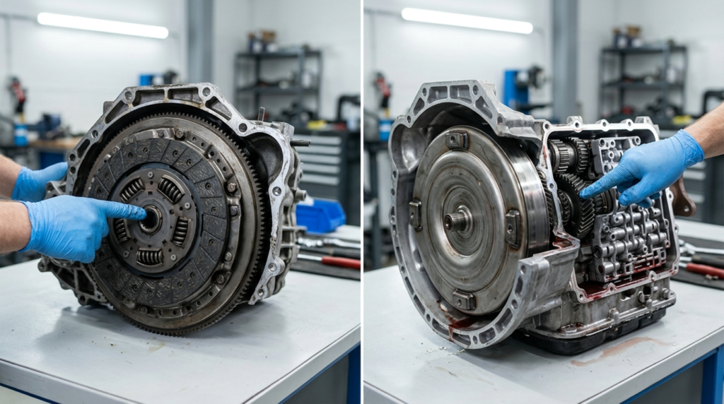 Manual and automatic gearbox units compared on a workshop bench
