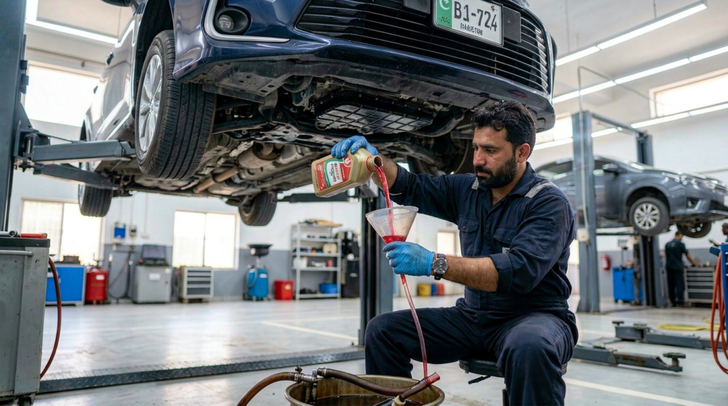 Mechanic changing transmission fluid to prevent gearbox problems
